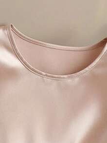 Franclia Women's Champagne Satin T-Shirt With Pearl Embellished Short Sleeves Casual And Elegant Boat Neck Top - Champagne - View 6