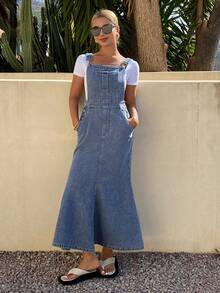 DAZY Pocket Washed Denim Pinafore Dress, Women's Summer Fitted Slimming Mermaid Maxi Denim Dress - Blue - View 1