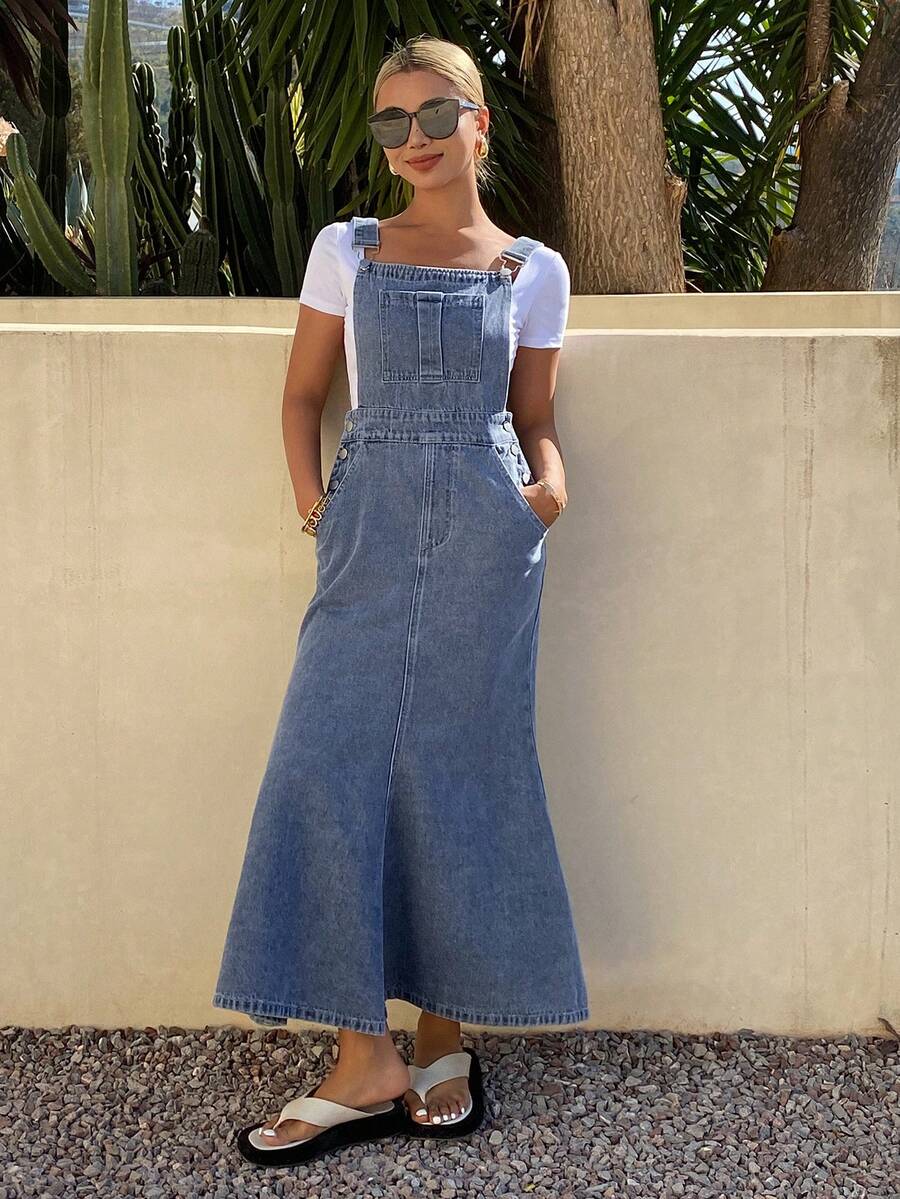 DAZY Pocket Washed Denim Pinafore Dress, Women's Summer Fitted Slimming Mermaid Maxi Denim Dress - Blue - View 1