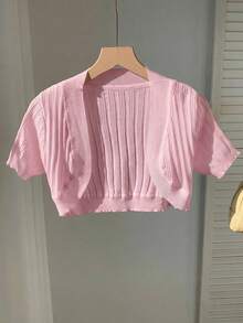 SHEIN EZwear Women's Cute Casual Light Pink Short Sleeve Cropped Knit Cardigan, Spring/Summer - Baby Pink - View 3