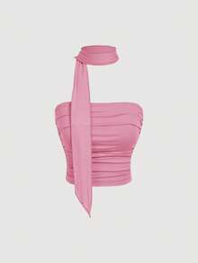 SHEIN MOD 3件套围巾吊带褶皱修身针织露脐上衣女装 - 粉色 - 查看 7