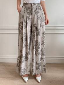 DAZY 女士休闲碎花褶裥阔腿裤，春夏款 - 灰色 - 查看 4