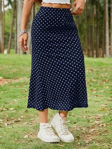 SHEIN EZwear 藏蓝色波点网纱透视长裙，女士休闲度假装，春夏款 - 藏蓝色 - 查看 3