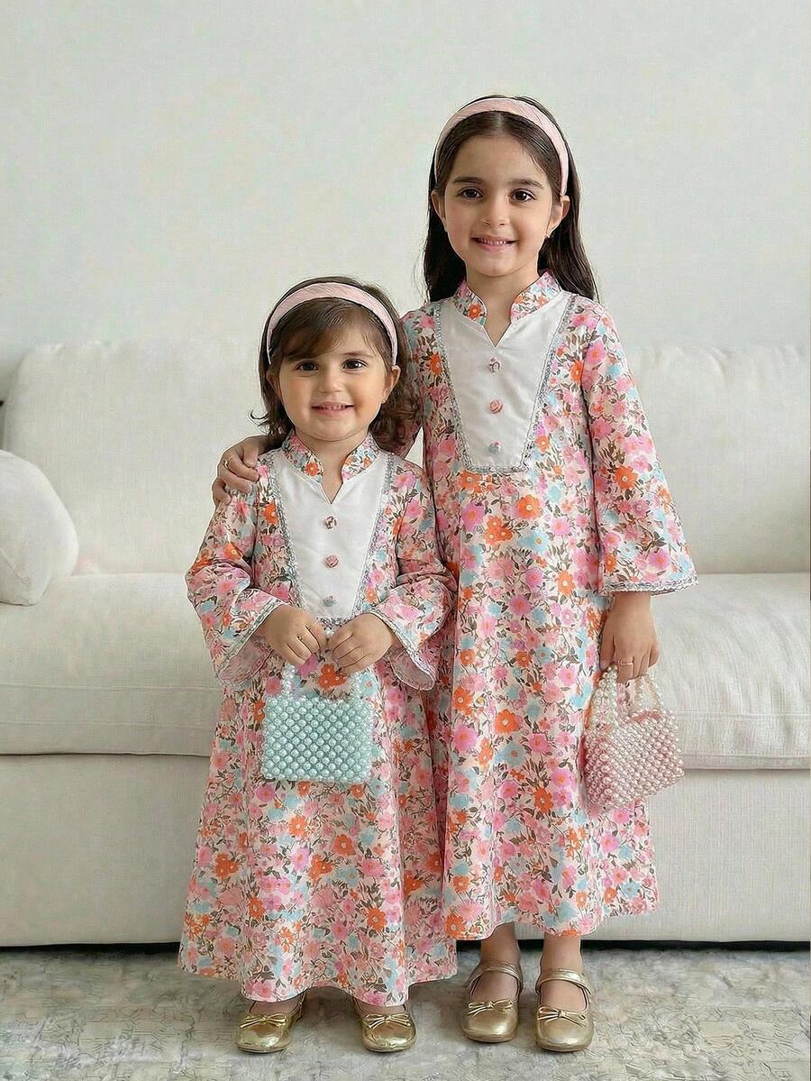 SHEIN Young Girl Floral Print Patchwork Simple Long Sleeve Casual Arabian Dress Spring/Summer Ramadan Style Matching Family Vacation - Multicolor - View 1