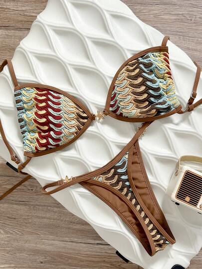 Swim Vcay Spring/Summer Knit Jacquard Wireless Camisole Top And Thong Bikini Bottom Women's Swimwear Set For Beach Vacation