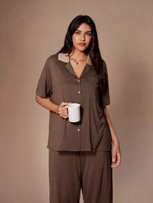 Lazeform Soft & Skin-Friendly Contrast Color French Style Casual Plus Size Women Pajama Set - Coffee Brown - View 2