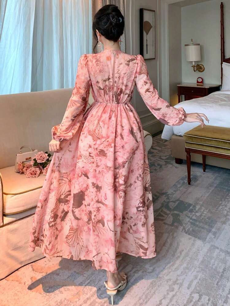 Women's Elegant Floral Print V-Neck Tie Waist Petal Sleeve Mid-Length Dress, Spring/Summer,Wedding Guest Dress Women Sundress Boho