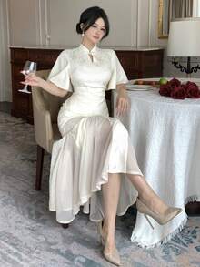 DAZY Đầm nữ thanh lịch họa tiết hoa phối ghép, cổ tàu, tay bồng, dài ngang gối, mùa hè, đầm dự tiệc cưới, đầm maxi nữ. - Màu be - Xem 8