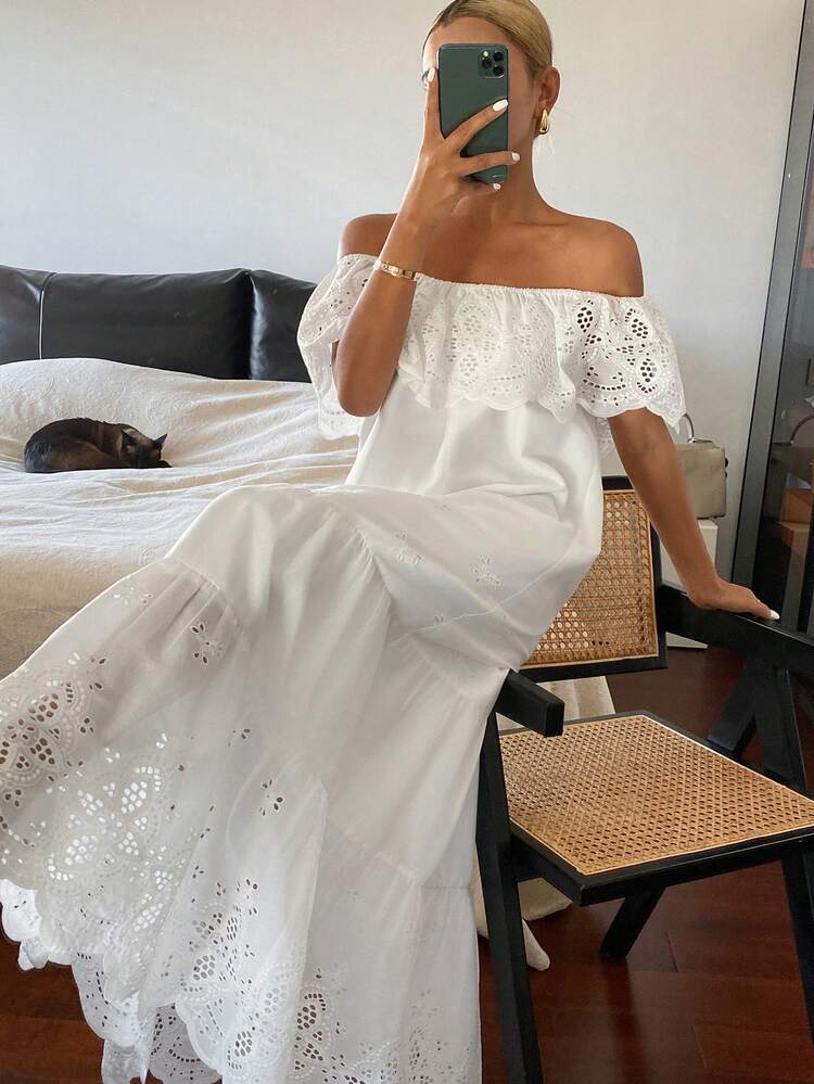 Women's Hollow Out Embroidery Patchwork Ruffle Hem Loose Mid-Length Dress, Suitable For Vacation