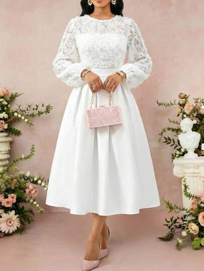 SHEIN Lady Women's Elegant Applique Decor Round Neck Lantern Sleeve Mid-Length Dress, Autumn White Vintage Dress White Tea Party Dress White Modest Dress White Elegant Dress