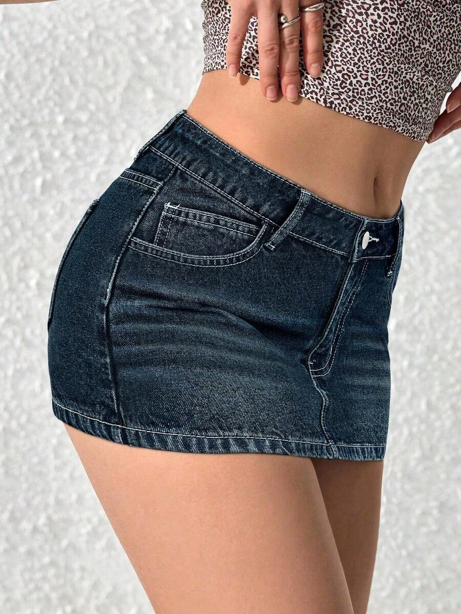 SHEIN ICON Váy denim ngắn kiểu cao bồi co giãn gợi cảm dành cho nữ cỡ lớn, mùa xuân - Rửa tối - Xem 1