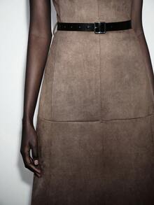 Lumivelle Women's Round Neck Solid Color Suede A-Line Dress With Waist Belt, Spring/Summer Chocolate Brown Dress Coffee Brown Dress - Brown - View 6