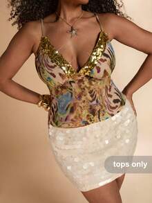 SHEIN BAE Plus Size Spaghetti Strap Sequin Patchwork Leopard Print Crop Top Plus Size Cami Plus Size Tops Sequin Tops, Going Out Tops - Multicolor - View 7