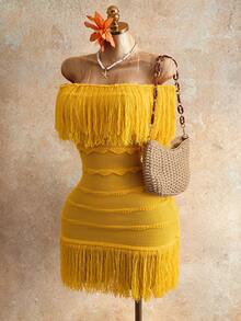 Mistrie 女士针织毛衣连衣裙，露肩设计，立体波浪条纹，流苏点缀，短款，黄色，修身剪裁，性感迷人，适合度假外出、休闲派对等场合，女装，春秋季、夏季、冬季皆宜。 - 黃色 - 查看 5