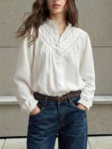 BizChic 2026 Spring/Summer New White Textured Crinkle Fabric Lace Trim Ribbon Patchwork Front Button Closure Ladies Blouse - White - View 2