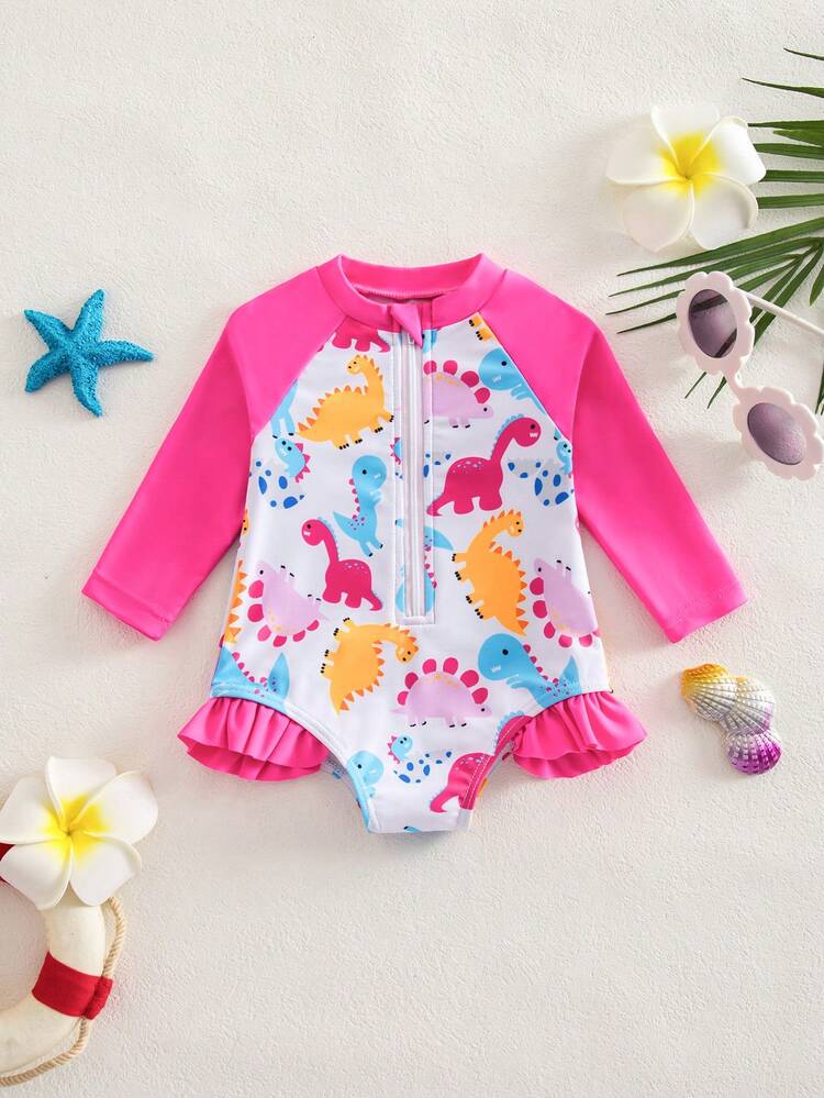 SHEIN Newborn Baby Cartoon Dinosaur Print Raglan Sleeve Ruffled Trim One-Piece Swimsuit - Hot Pink - View 1