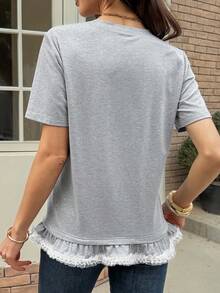 DAZY 女士圆领层叠荷叶边修身T恤 - 灰色 - 查看 4