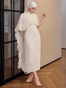 DAZY Women's Elegant White Sequin Decor Stand Collar Ruffle Hem 2 In 1 Mid-Length Dress, Spring/Summer,Wedding Guest Dress Women Sundress - Beige - View 5