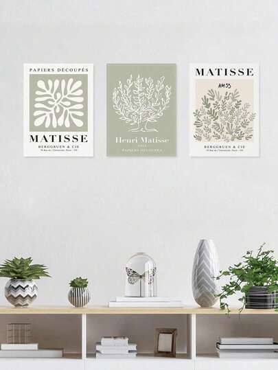 Set de 3 cuadros de pared de arte floral de primavera en verde salvia, póster de impresión botánica de plantas verdes, decoración de pared bohemia, galería de arte de Matisse, impresión de Henri Matisse, decoración moderna minimalista para el hogar, decoración de pared, regalo para la sala de estar, arte de pared estético para el dormitorio, sin marco