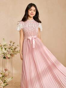 Teen Pleated Chiffon Dress, Luxury Embroidered Formal Dress, Graduation Ceremony Choir - Pink - View 5