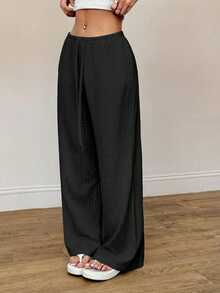 SHEIN PETITE Women's Summer New Knit Texture Casual Pants, Suitable For Vacation Wear, Autumn/Winter Casual Home - Black - View 4