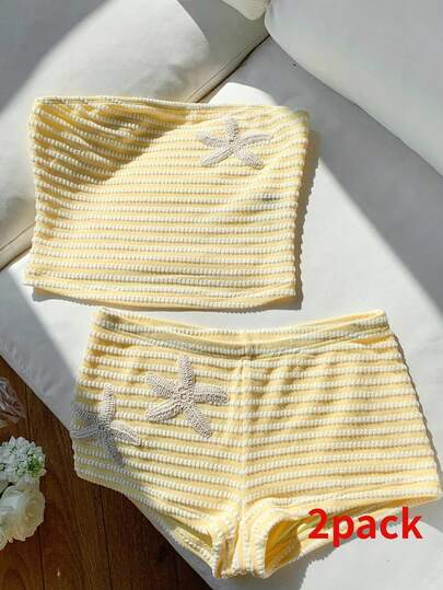 Comfortcana Plus Size New Summer Cream Yellow Beach Vacation Set, Knit Bandeau Crop Top And Shorts 2 Pieces Outfit, Summer Set, 2 Pieces Summer Set, Summer Outfits Butter Yellow Two Piece Set Yellow Bathing Suit Set 2 Piece Set Summer Beach 2 Piece Set