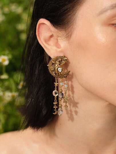 Glisma 1 Pair High-Quality Designer Luxury Elaborate Golded Moon Angel Tassel Earrings, Handmade Vintage Earrings Chunky Jewelry