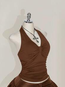 SHEIN ICON 加大码黑色露背吊带褶皱上衣，蝴蝶结，适合度假、音乐节、朋克风 - 棕色 - 查看 4