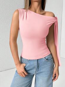 SHEIN PETITE 女士时尚纯色不对称肩带系带修身上衣 - 粉色 - 查看 3