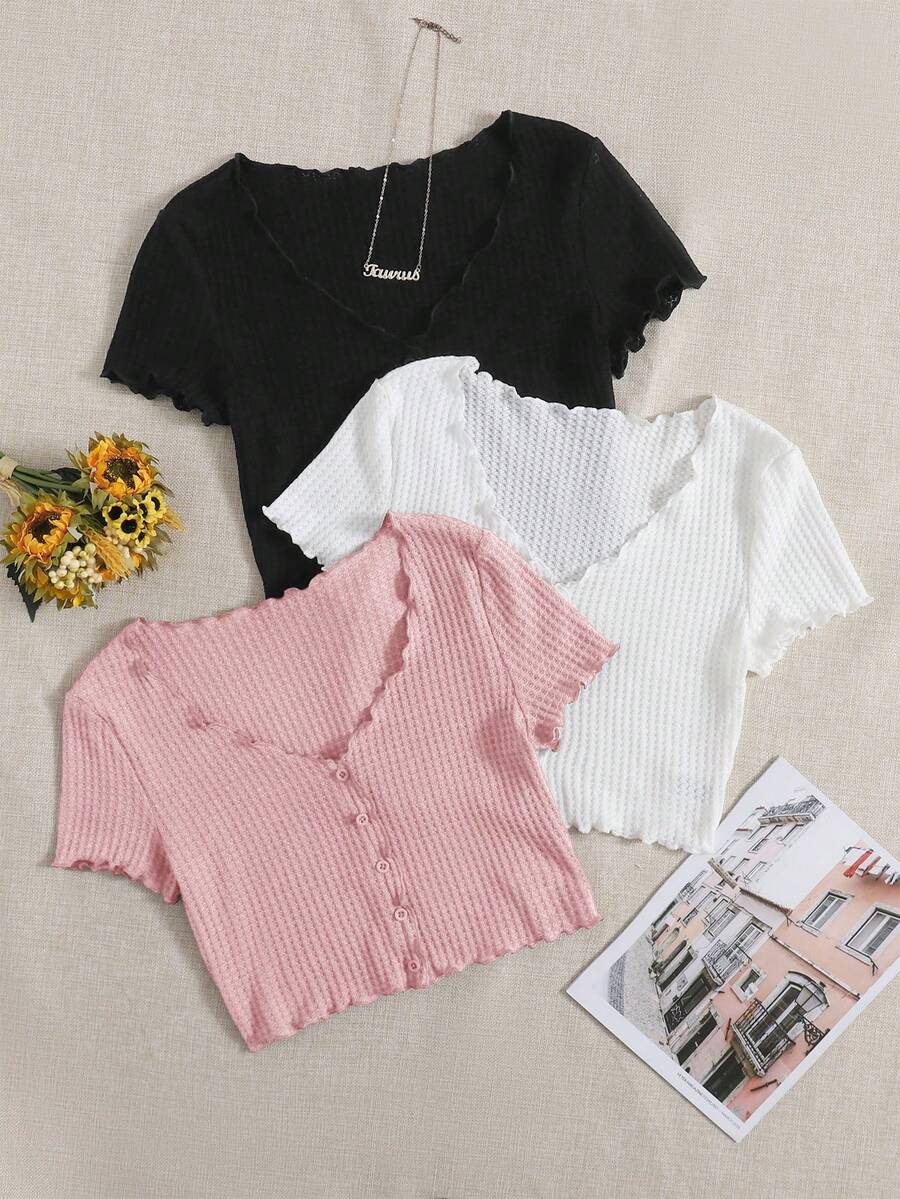 SHEIN EZwear Áo thun nữ cổ chữ V dệt kim có cúc và viền bèo nhún, nhiều chiếc - Bụi hồng - Xem 1
