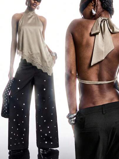 LYSMO New Minimalist Spring/Summer Women's Clothing, Solid Color, Stand Collar, Sleeveless, Ruffled Hem, Asymmetrical Hem, Fashionable Tank Top, Khaki Top, Asymmetrical Khaki Top, Khaki Women's Sexy Top.