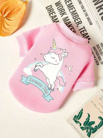 PETSIN 1pc White Unicorn Rainbow Letter Star Print Pet Pink Autumn And Winter Thick Warm Pet Clothes Without Hats