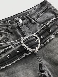 ROMWE Grunge Punk حزام خصر مشقق بإبزيم معدني قلب بطراز Y2K الرجعي لسراويل جينز نسائية ضيقة ذات قصة واسعة - رمادي - مشاهدة 3