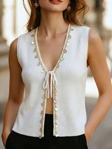 Franclia New Summer Beach Holiday Casual Vacation Bohemian Style Shell Beaded Trim V-Neck French Relaxed Vacation Sweet Element Relaxed Vacation Atmosphere Versatile Cardigan, High-End Design Sense, Elegant Ladies Cardigan - White - View 9