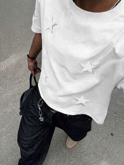 STEELVANCE Men's Round Neck Drop Shoulder Short Sleeve Casual Summer Versatile Loose Star T-Shirt