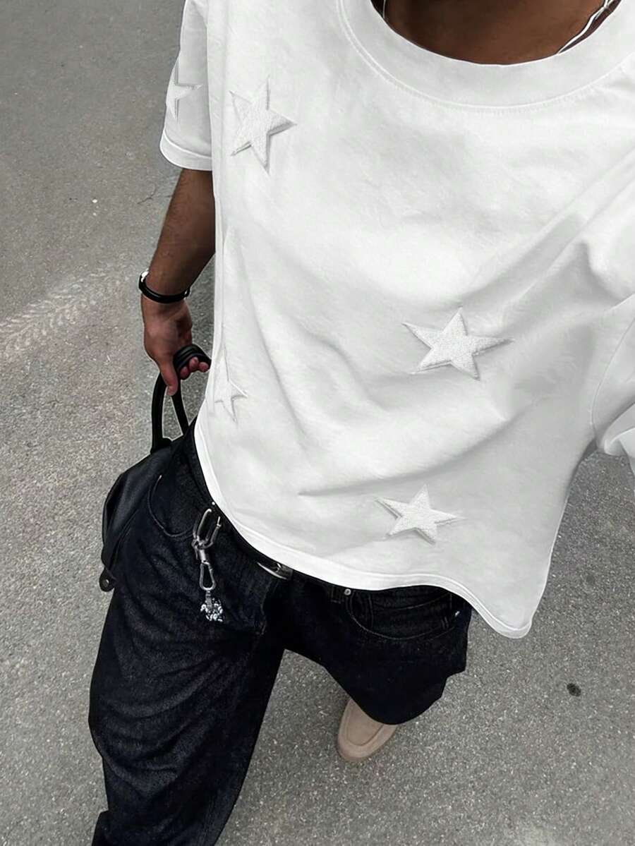 STEELVANCE Men's Round Neck Drop Shoulder Short Sleeve Casual Summer Versatile Loose Star T-Shirt - White - View 1
