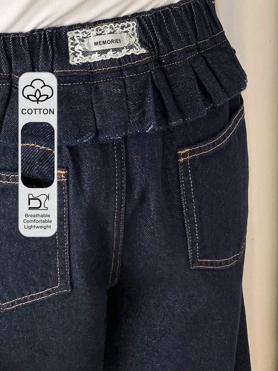 DAZY Tween Girls' Patchwork Ruffle Hem Pocket Wide Leg Loose Casual Jeans - Dark Wash - View 1