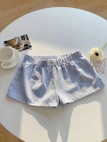 Comfortcana 女士休闲蓝色格子梭织面料半透明迷你运动短裤，带拼接细节 - 藍色 - 查看 5