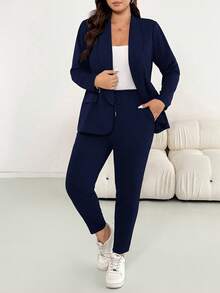 SHEIN Essnce Damen Große Größen Mode Herbst und Winter Lässig Locker Bequem Täglicher Schwarzer Hosenanzug Jacke und Leggings Zweiteiler Set, Business Lässig, Herbst Outfits, Bürokleidung - marineblau - Übersicht 3