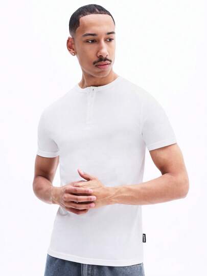 SUMWON Classic Single Button Short Sleeve Henley T-Shirt Cotton Casual Everyday Essential Comfortable Regular Fit Spring Summer Menswear Wardrobe Staple Versatile Top