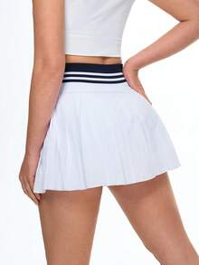 Eassivo Eassivo Women's White Tennis Skort W/ Navy Triple‑Stripe Waist - Pleated A‑Line Skirt, Breathable Liner, Motion‑Friendly Stretch Fabric,Workout Set Skirt,Tennis Skirt Pleated,Pleated Skort - Blue and White - View 2