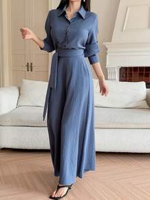 DAZY Set de 2 piezas de top con cuello y pantalones con cintura anudada, conjunto informal de oficina para mujer - Azul - Ver 5