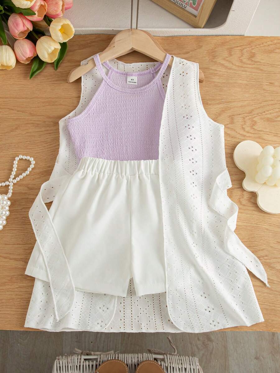 SHEIN Elladie kids 女童夏季三件套：无袖露脐上衣、直筒短裤和带腰带装饰的薄针织外套，休闲舒适