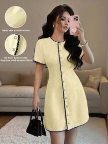 Rafferiza Elegant Business Casual Round Neck Trim Waist Button Short Sleeve Mini Dress, Suitable For Spring And Summer - Light Yellow - View 1