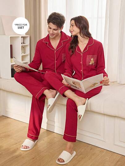 SHEIN 1套男士纯色前襟纽扣印花口袋长袖长裤睡衣套装，家居服