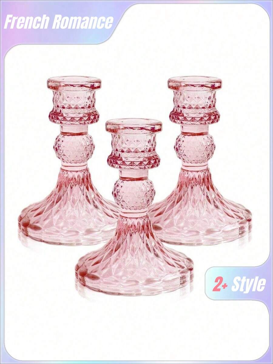 烛台套装，4 英寸高锥形烛台散装，3 件玻璃烛台适用于婚礼、节日、派对和窗台装饰、房间装饰、礼物 - 粉色 - 查看 1