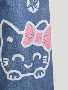 SHEIN Girls' Street-Style Graffiti & Dark Sweet Graphic Print Loose Dungaree Pants, Featuring Cat, Letter, Star, Bow Patterns, Unique Design, Suitable For Casual Occasions, Spring/Summer - Blue - View 3