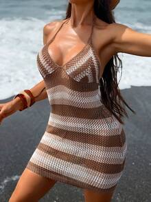 Swim Vcay 女士夏季沙滩露背吊带镂空条纹针织连衣裙 - 彩色 - 查看 4
