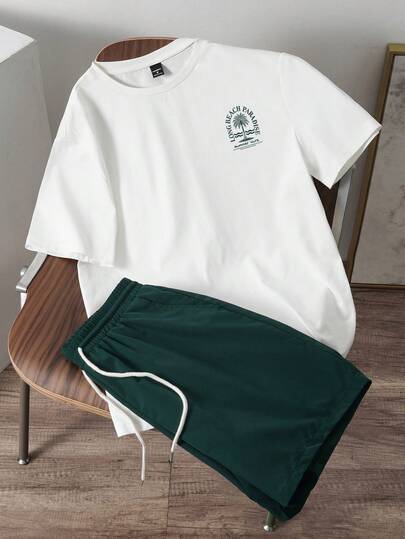 Manfinity Joysei Men's Casual Vacation Coconut Tree Print Fitted White Knit Top And Green Woven Shorts Set, 2pcs Outfit, Suitable For Summer Outing