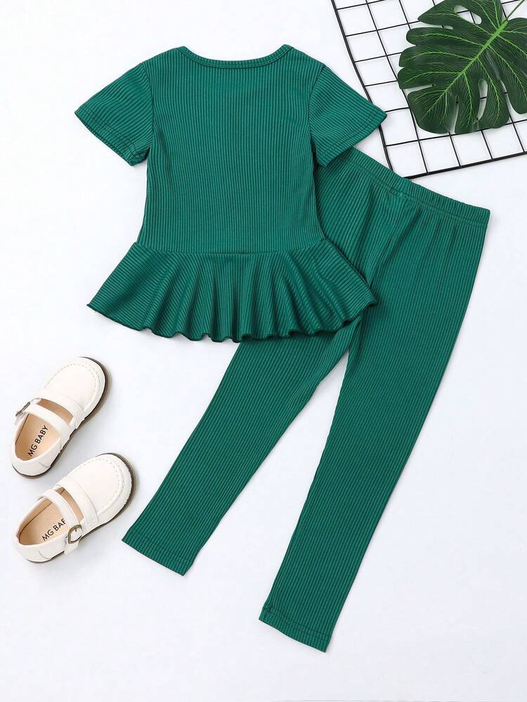 Young Girl Rib Knit Fake Button Peplum Tee & Pants